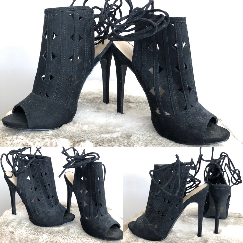 Black suede Lace up heels laser cut peep toe